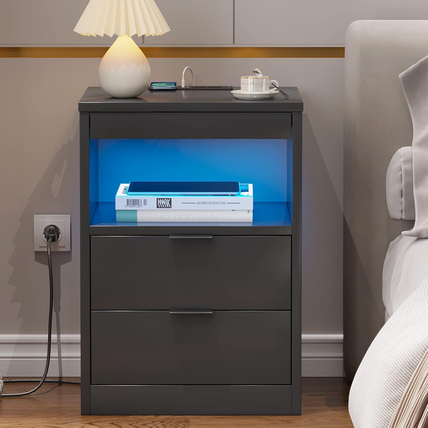 Exlonjet Black Nightstand with Wireless Charging Station and LED Lights, Bedside Table with 2 Drawers, Open Storage, 1 Pull-Out Tray, End Side Table with Charging Station, LED Night Stand with Storage