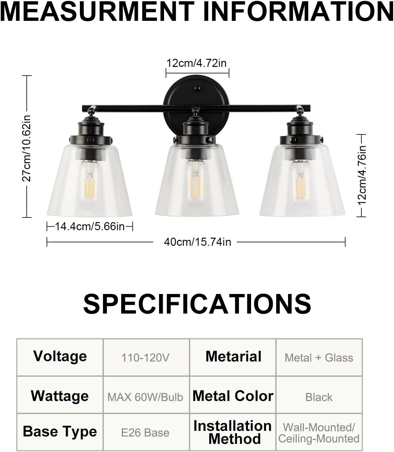 3-Light Bathroom Light Fixtures Bathroom Vanity Lights with Clear Glass Shades Matte Black Bathroom Light Fixtures over mirror for Mirror Living Room Cabinet Bedroom Porch