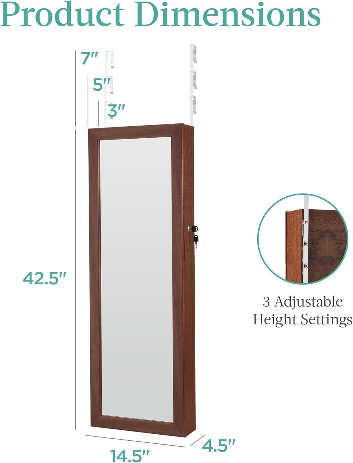 Best Choice Products Hanging Mirror Jewelry Armoire, Door or Wall Mounted Cabinet w/ LED Lights, Lock - Walnut