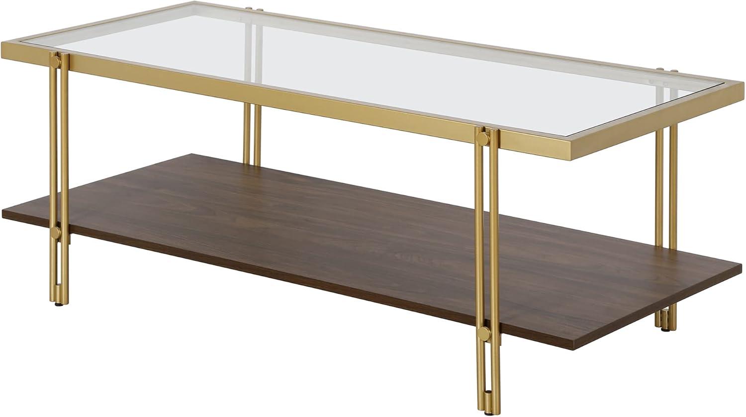 Brass & Walnut Rectangular Coffee Table with Glass Top & Storage Shelf