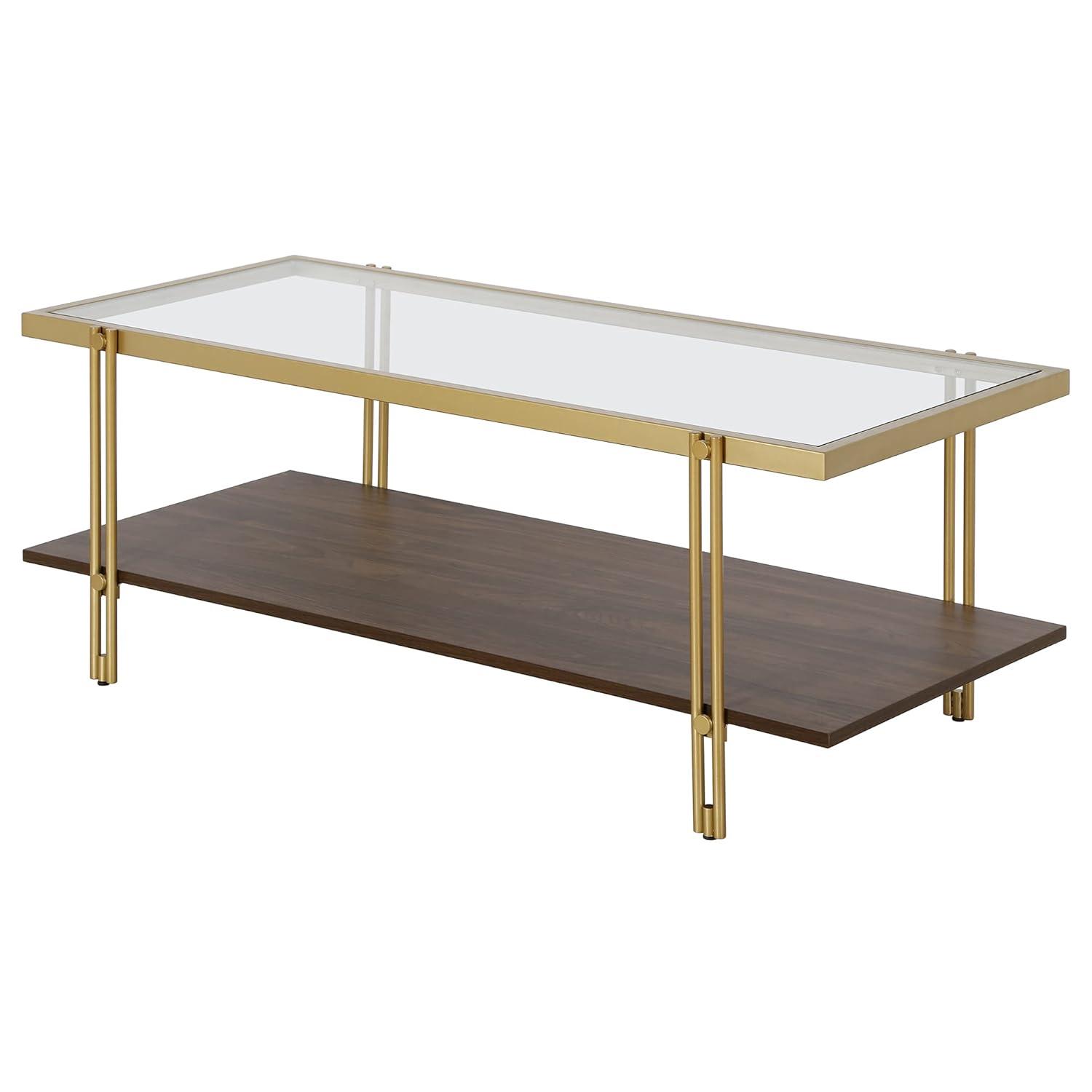 Evelyn&Zoe,ez 45" Wide Rectangular Coffee Table with MDF Shelf, Brass/Walnut