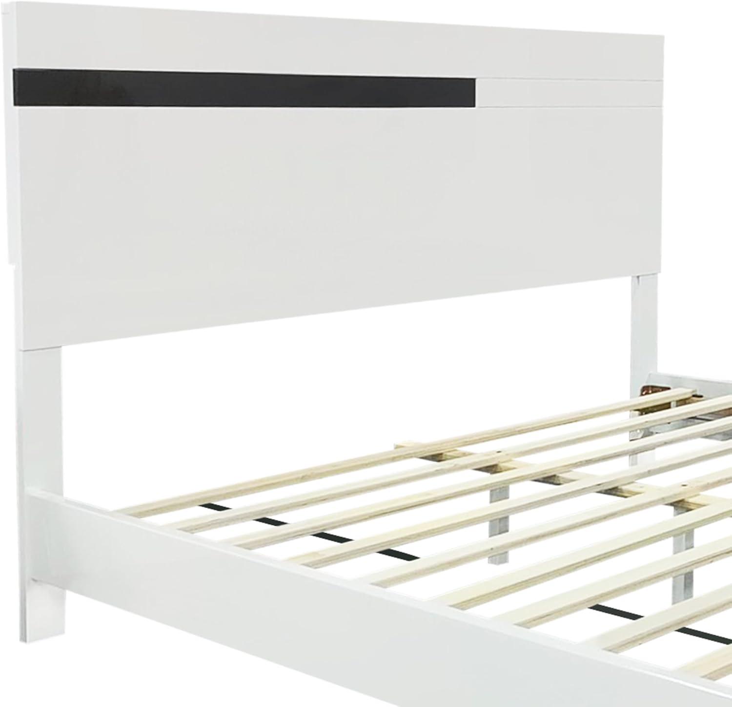 Modern High Gloss 3-Piece Bedroom Set Floating Bed Frame Queen Size Platform Bed with LED Light & 2 Nightstands, White