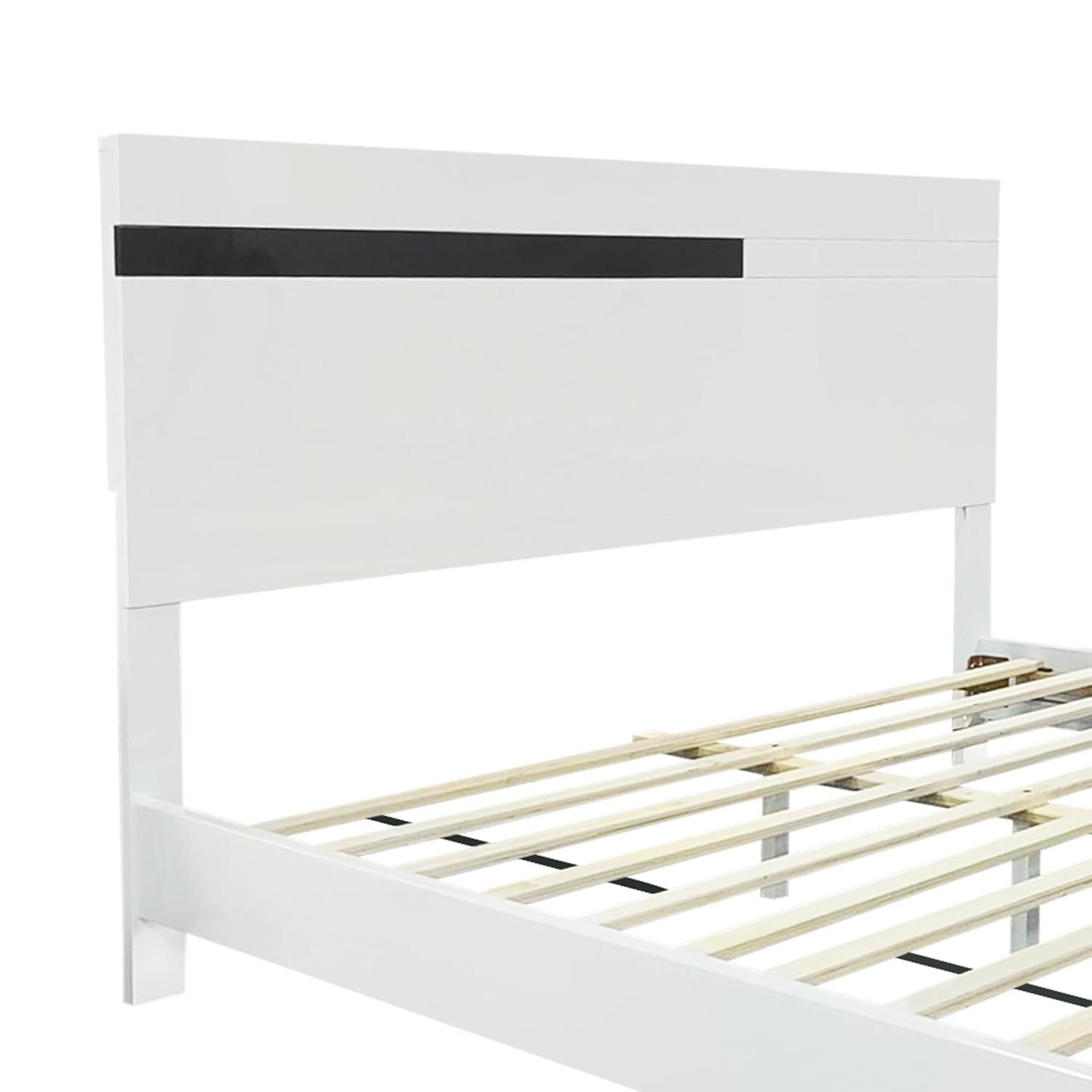 Modern High Gloss 3-Piece Bedroom Set Floating Bed Frame Queen Size Platform Bed with LED Light & 2 Nightstands, White