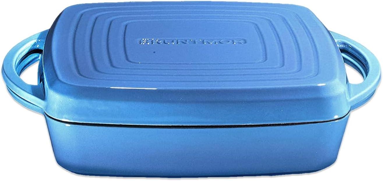 Bruntmor 2-in-1 Pre-seasoned Square Cast Iron Dutch Oven With Dual Handles, Blue