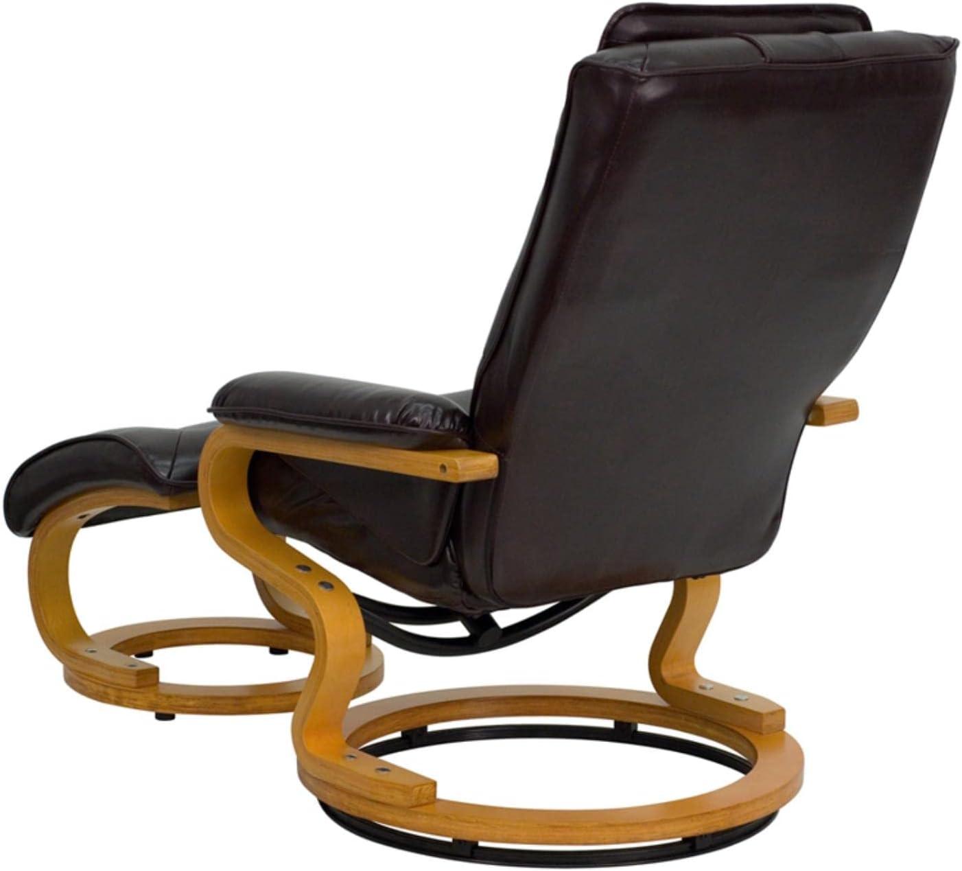 Flash Furniture Contemporary Adjustable Recliner and Ottoman with Swivel Maple Wood Base in Brown LeatherSoft