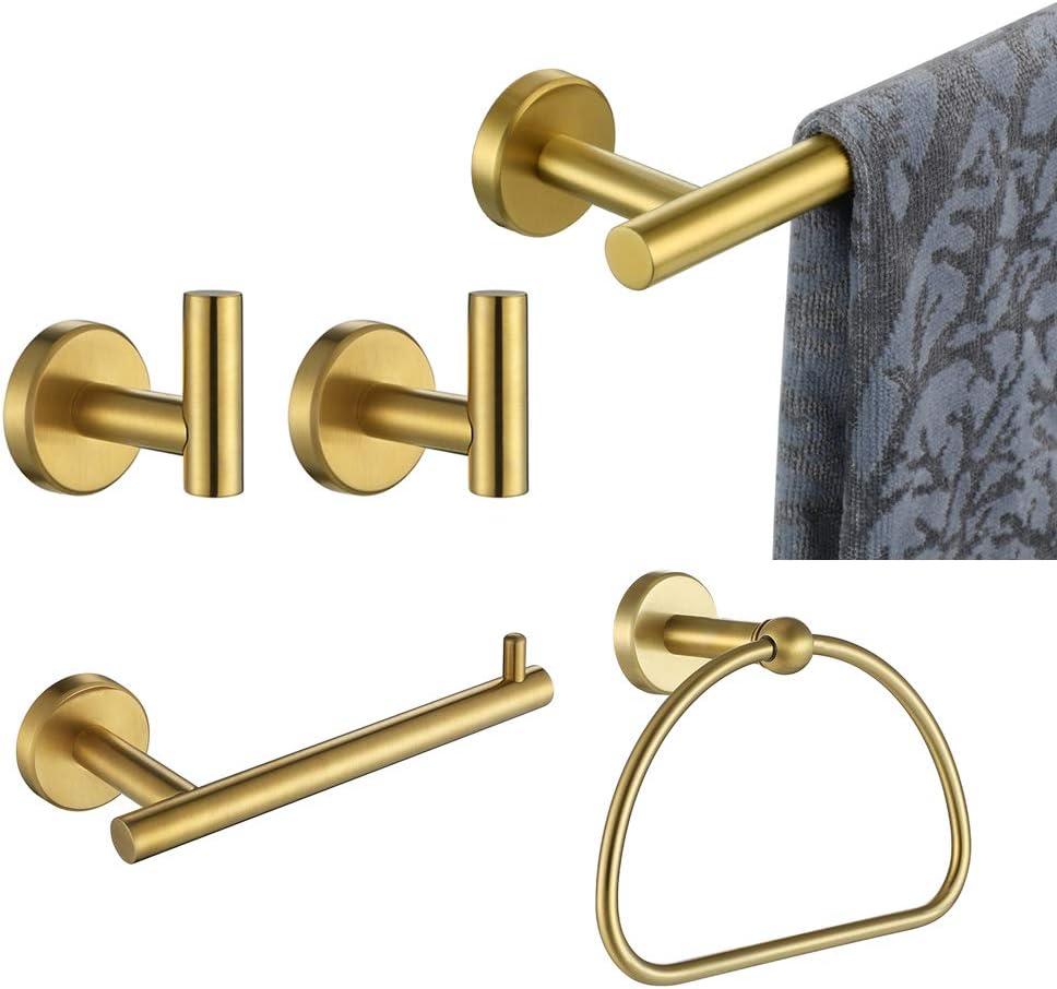 Bathroom Hardware Set Gold, 5-Piece Bath Accessories Set Brushed Gold Wall Mount includes 24 in Towel Bar, 7 in Towel Ring, Toilet Paper Holder, 2 Towel Hooks, BAS165-BG