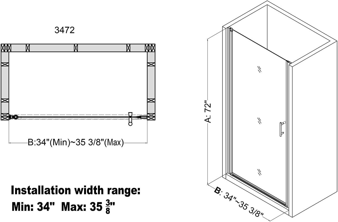 ACE DECOR AD053472 34" W x 72" H Frameless Pivot Shower Door, 1/4" (6mm) Clear SGCC Tempered Glass
