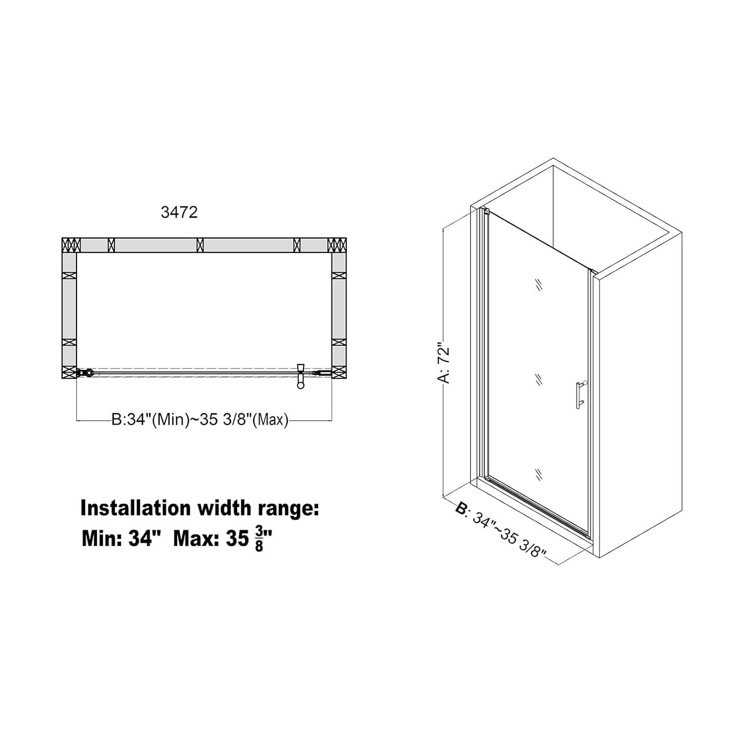ACE DECOR AD053472 34" W x 72" H Frameless Pivot Shower Door, 1/4" (6mm) Clear SGCC Tempered Glass