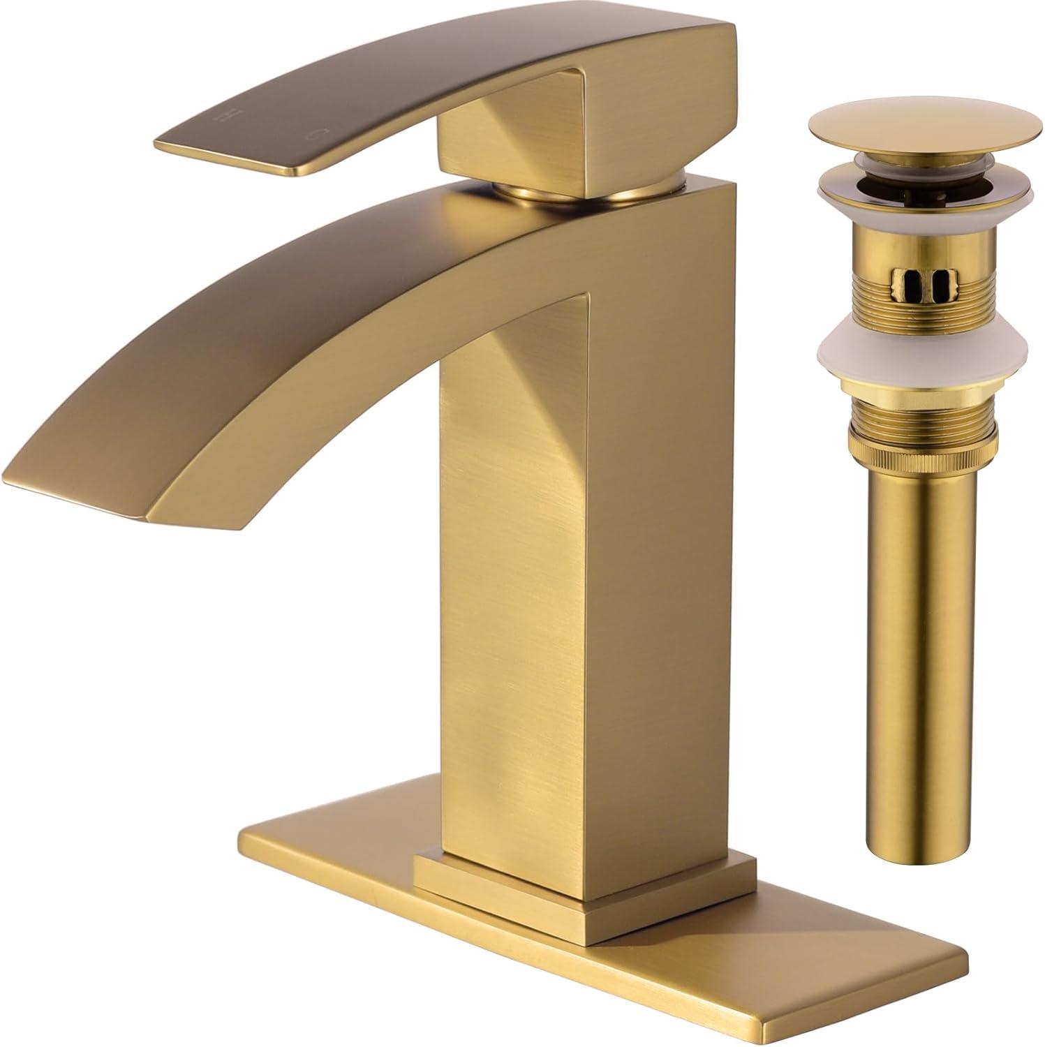 WOWOW Brushed Gold Waterfall Bathroom Faucet  Single Handle Faucet for Bathroom Sink