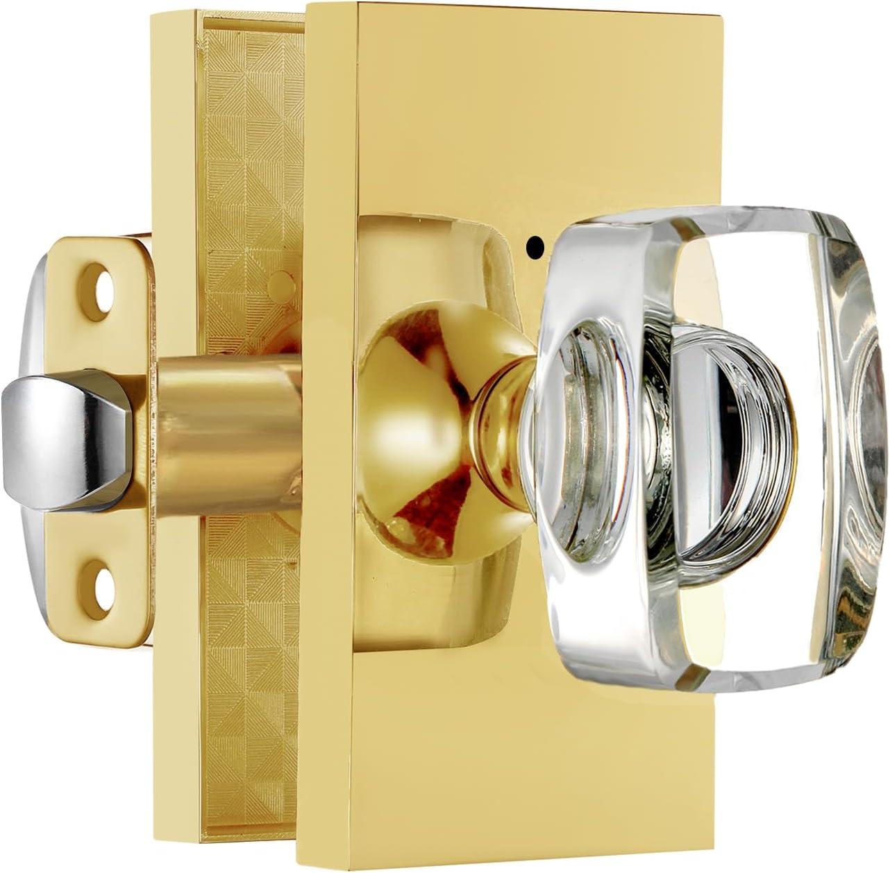 Clear Glass Crystal Door Knobs Interior,Octagon Gold Door Knob,Bathroom Bedroom Privacy Door Knobs with Lock,Satin Brass