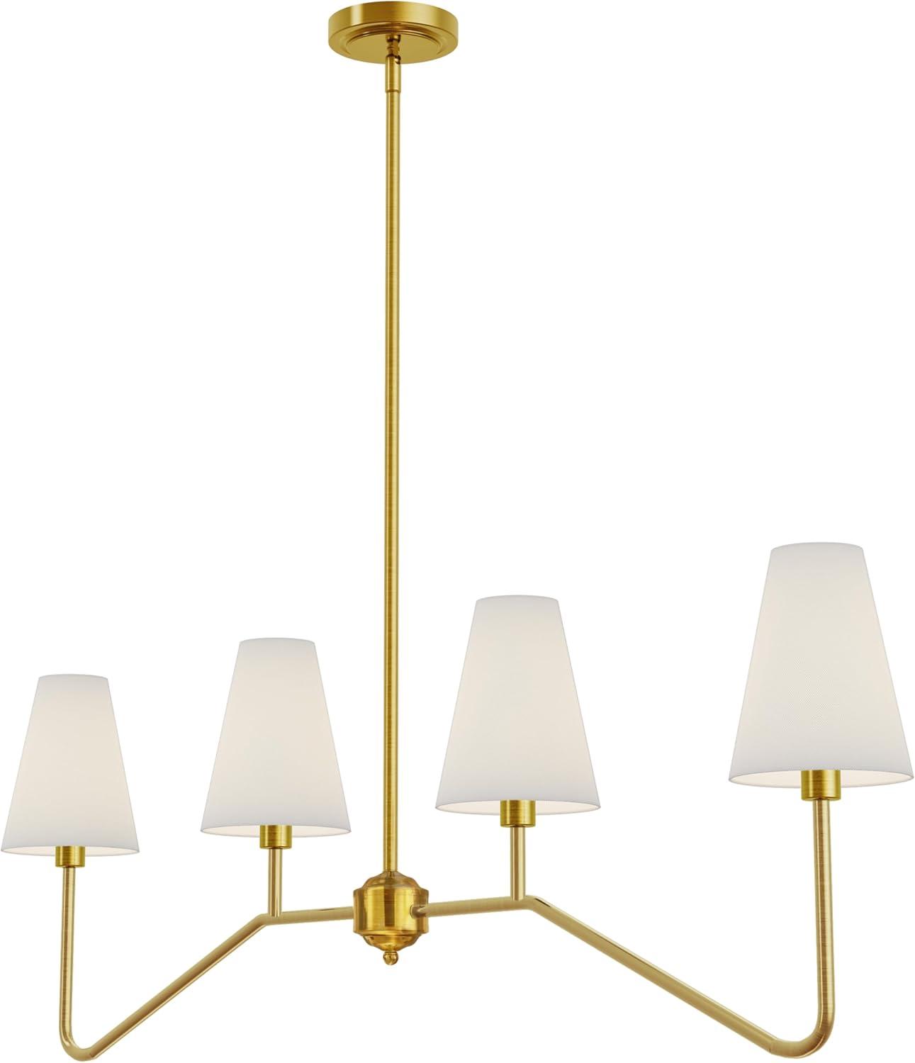 Gold Metal 4-Light Linear Chandelier with White Fabric Shades