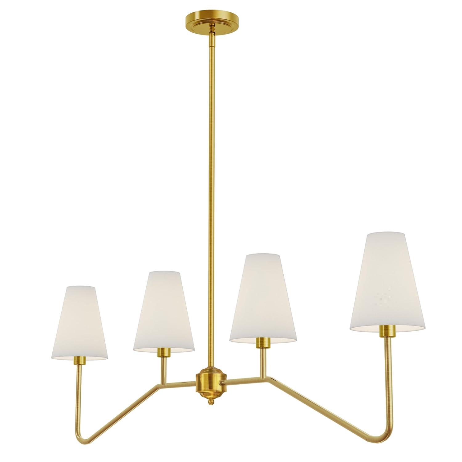 Brightever 4-Light Gold Linear Chandelier, Kicthen Island Light Fixture for Dining Room Over Table, Modern Pendant Lighting with White Fabric Shades for Pool Table, E12 Base (Bulb not Included)