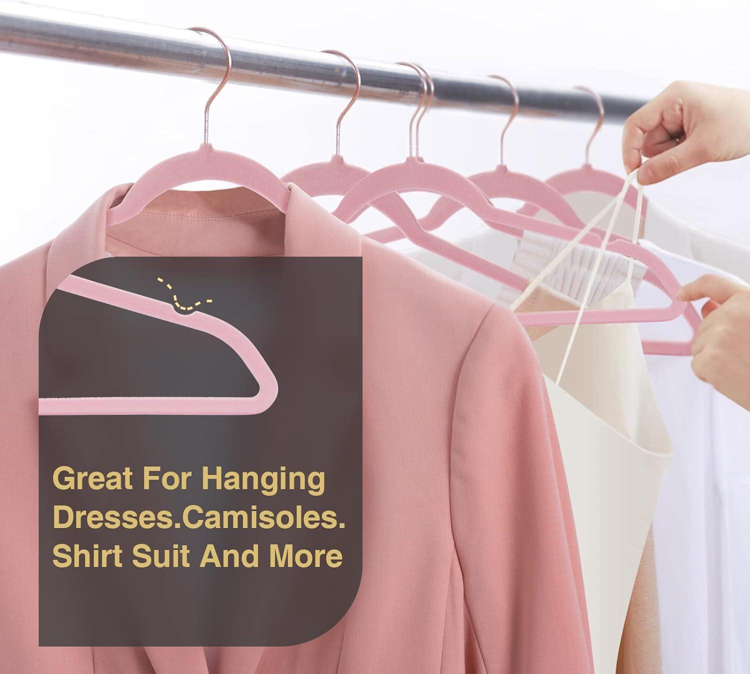 Flocked Velvet Clothes Hangers with Stainless Steel Swivel Hooks, Pink - 50 Piece