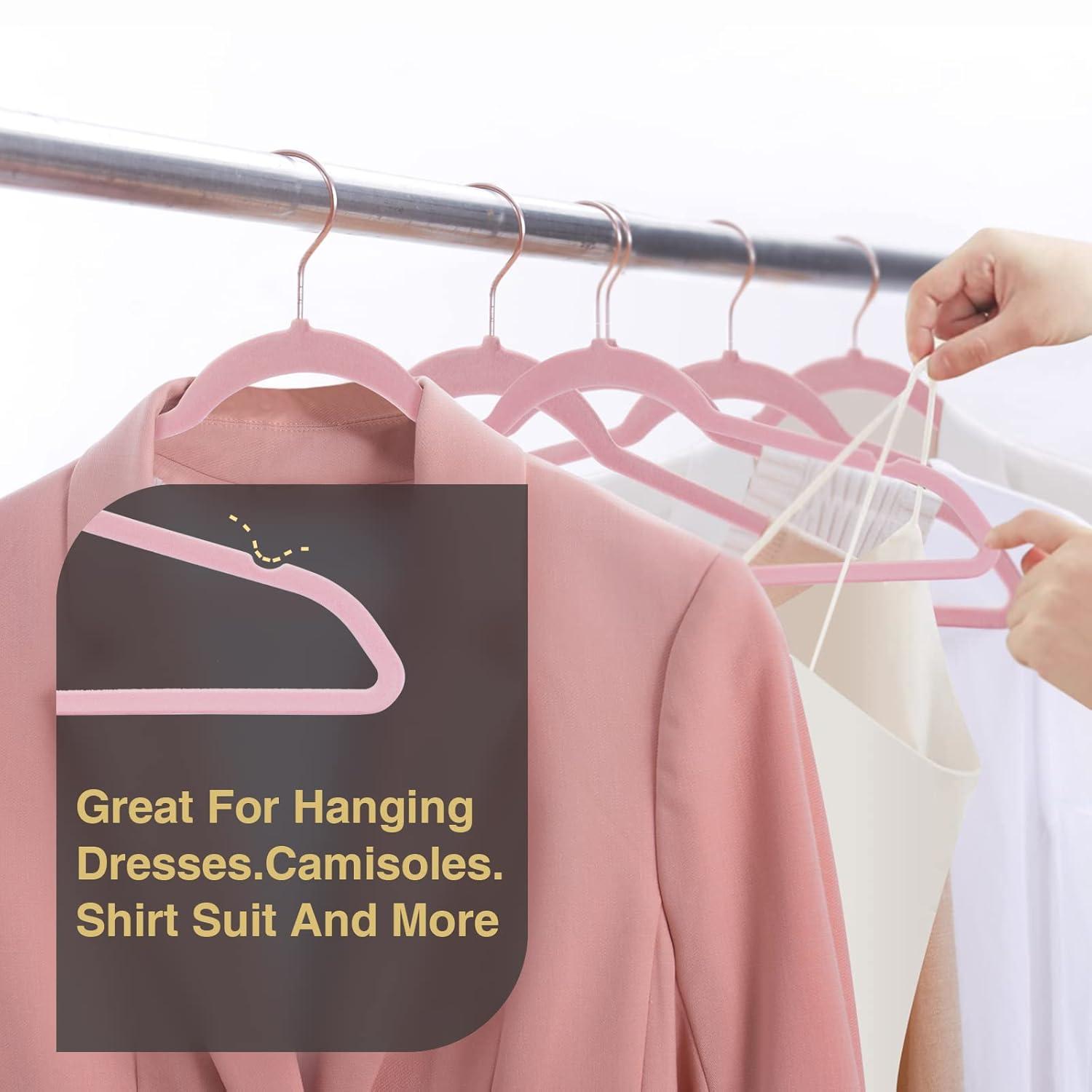 Flocked Velvet Clothes Hangers with Stainless Steel Swivel Hooks, Pink - 50 Piece