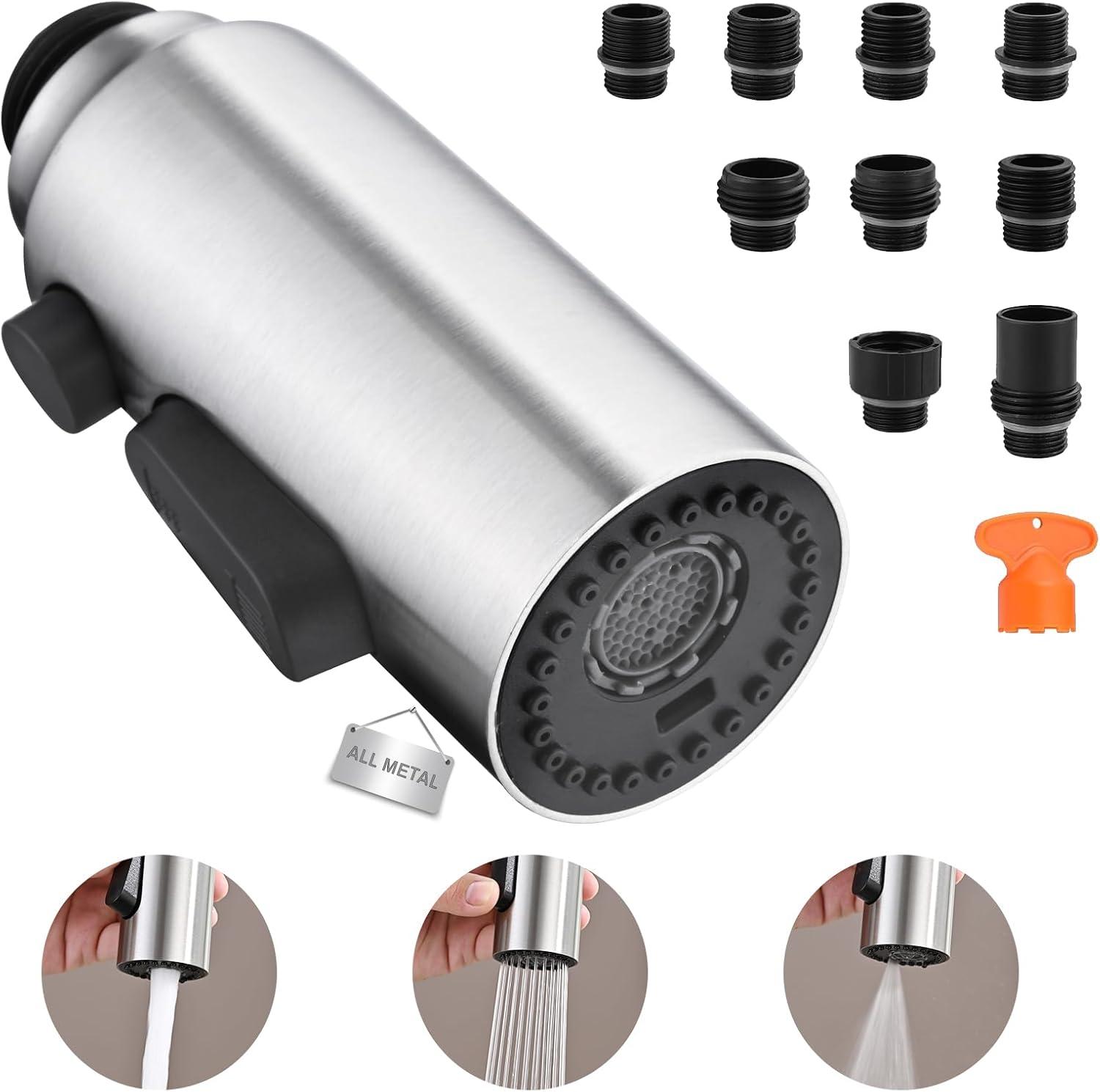 3 Functions Kitchen Faucet Spray Head Replacement with 9 Adapter Kits in Brushed Nickel