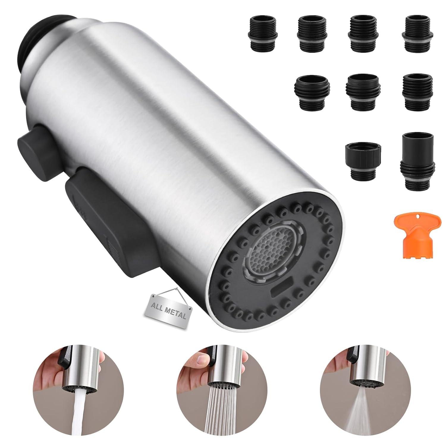 3 Functions Kitchen Faucet Spray Head Replacement with 9 Adapter Kits in Brushed Nickel