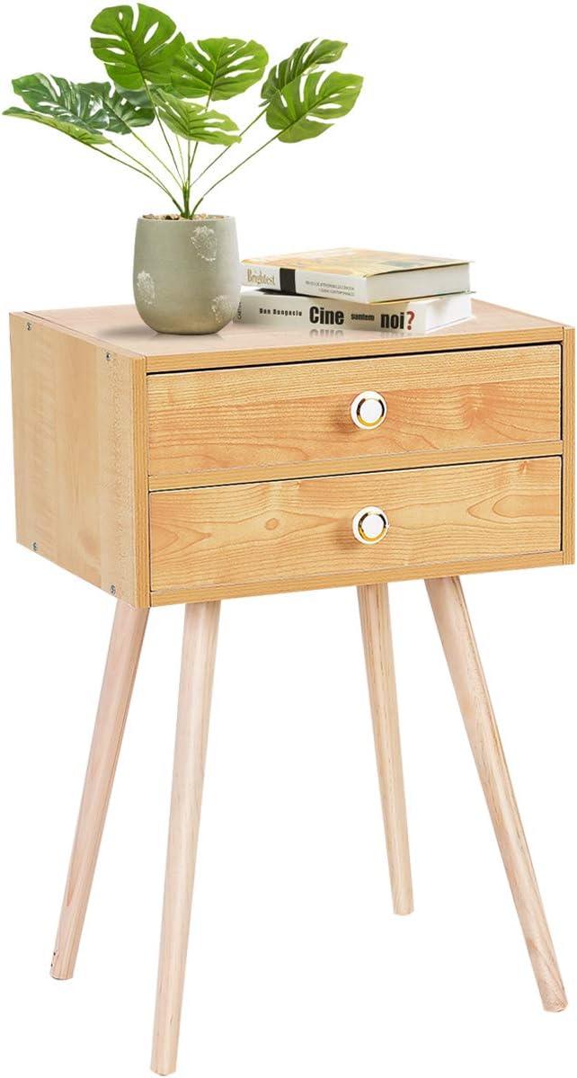 Mid Century Modern Natural 2-Drawer Nightstand with Solid Wood Legs