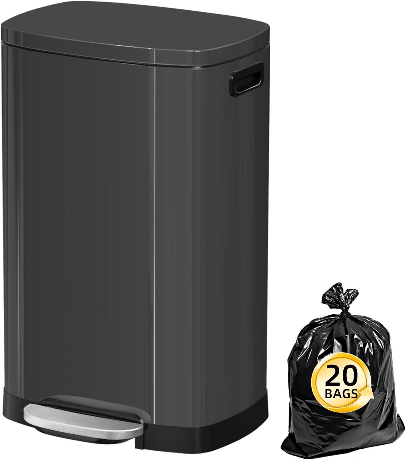 FDW 13 Gallon Stainless Steel Step Kitchen Trash Can with Lid, Fingerprint-Proof for Indoor(Black)