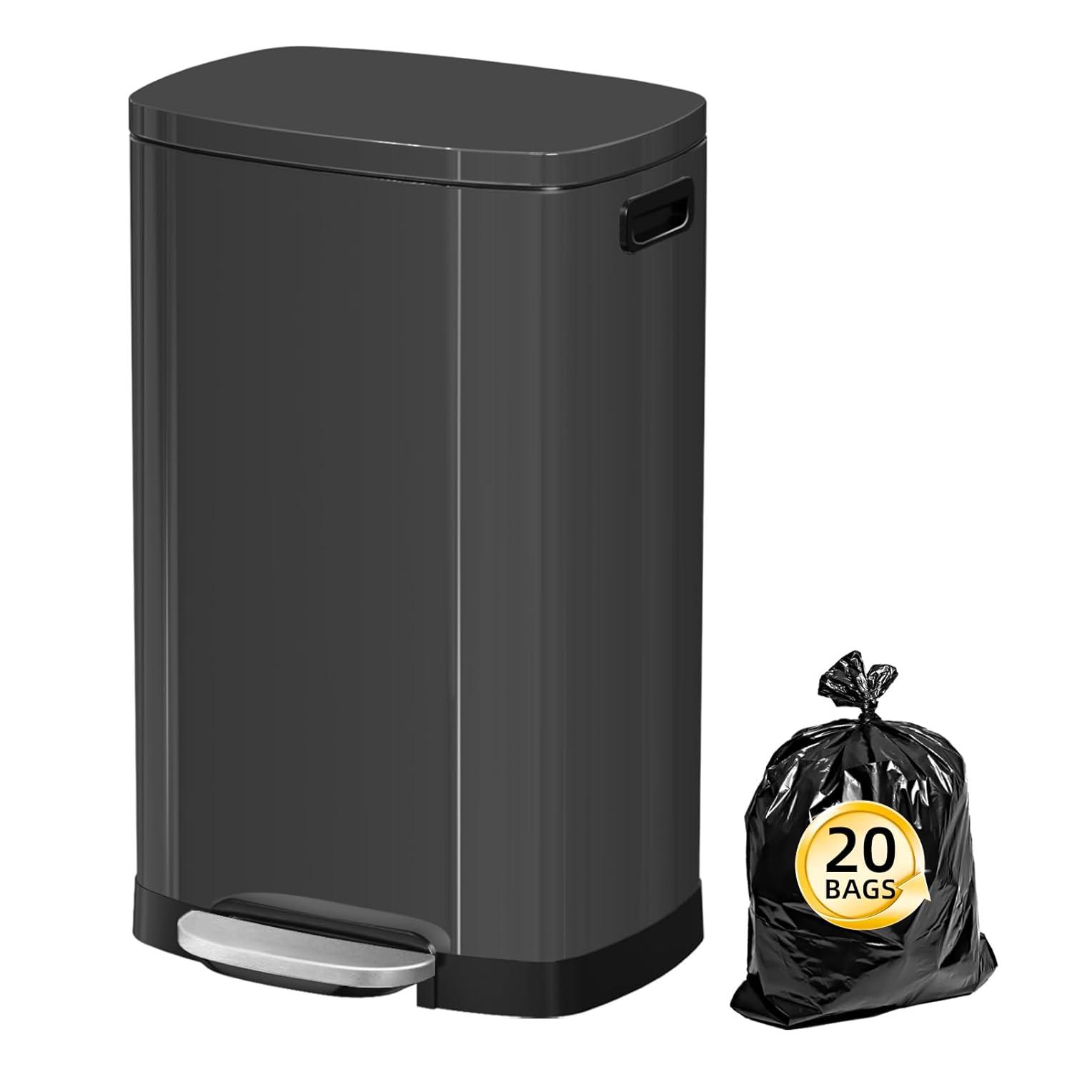 FDW 13 Gallon Stainless Steel Step Kitchen Trash Can with Lid, Fingerprint-Proof for Indoor(Black)