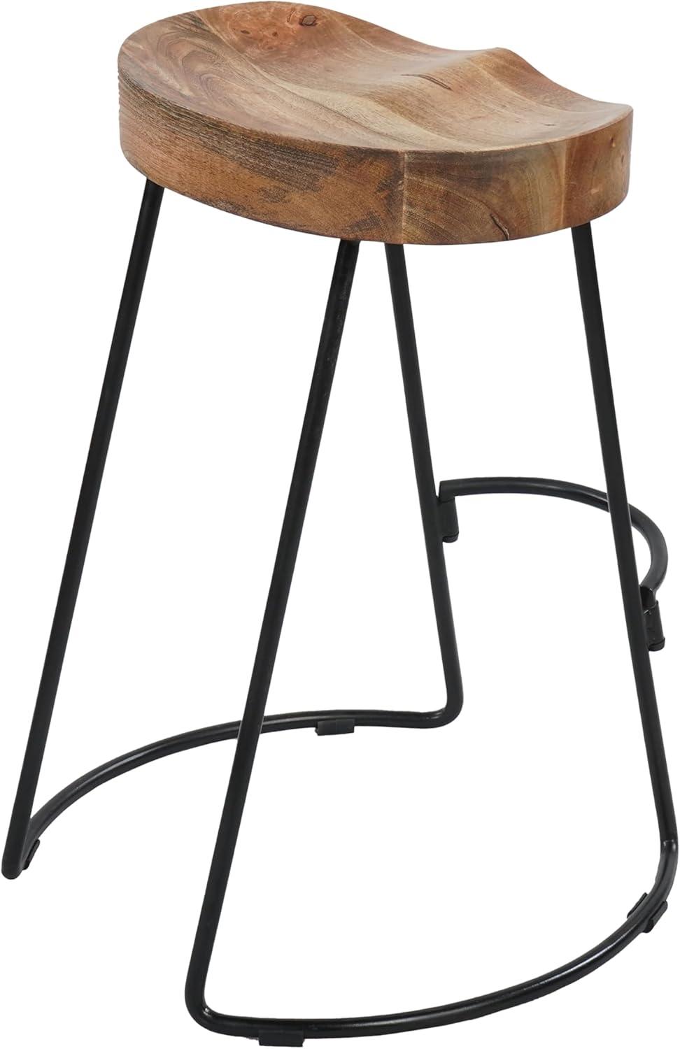 The Urban Port 24 Inch Mango Wood Industrial Counter Height Stool, Saddle Seat, Iron, Set of 2, Brown, Black
