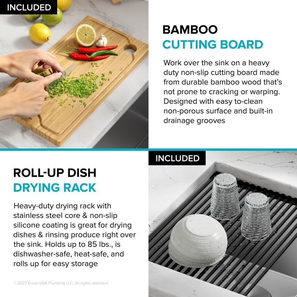 KRAUS Kore™ 24" L Farmhouse Apron Front Workstation 16 Gauge Stainless Steel Single Bowl Kitchen Sink with Accessories