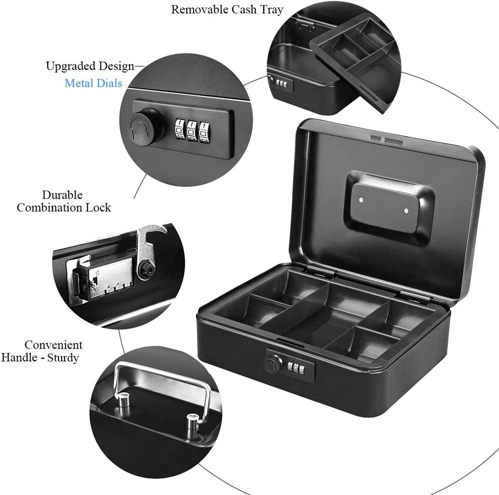 KYODOLED Large Cash Box with Combination Lock Safe Metal Money Box with Money Tray for Security Lock Box 9.84"x 7.87"x 3.54" Black Large Black