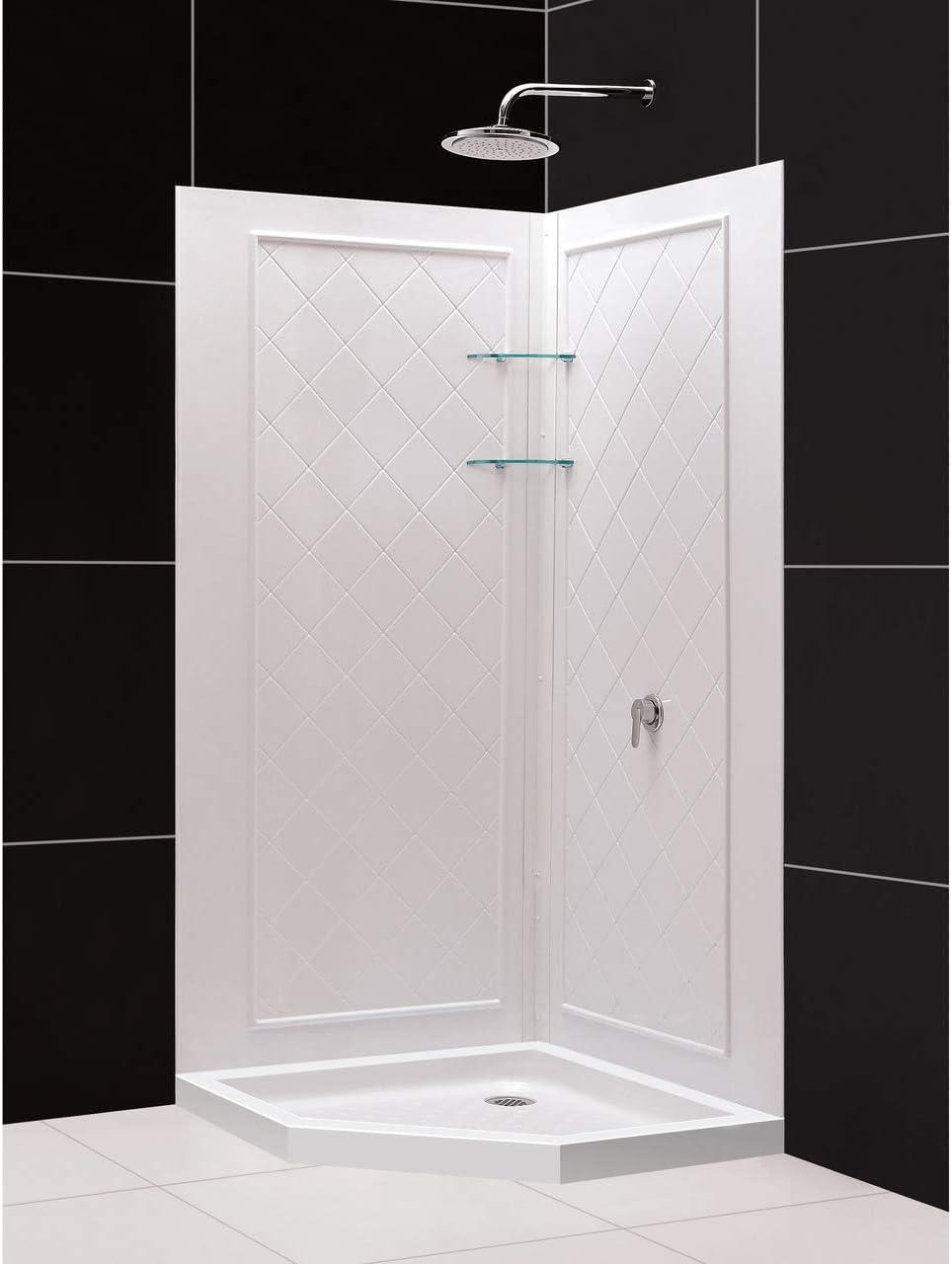 White Square Acrylic Corner Shower Kit with Glass Shelves