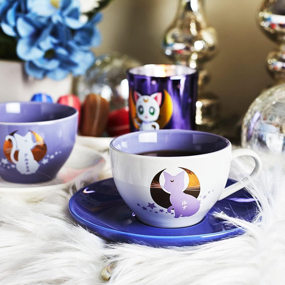 Sailor Moon Anime Manga Luna and Artemis 4 PC Tea Cup Set 6.7 oz 2 Saucers 2 Cups Multicoloured