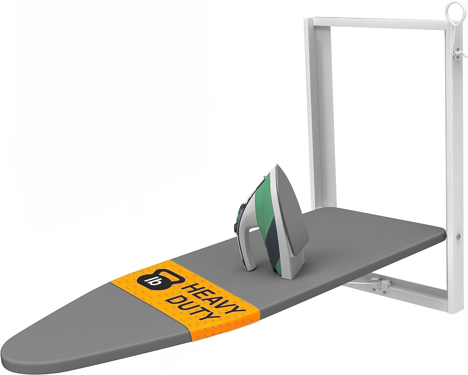 Xabitat Wall Mounted Ironing Board | 37" X 15" Compact Mount Fold Down Ironing Board for Small Spaces | Space Saving with Cotton Fabric Cover | White and Grey