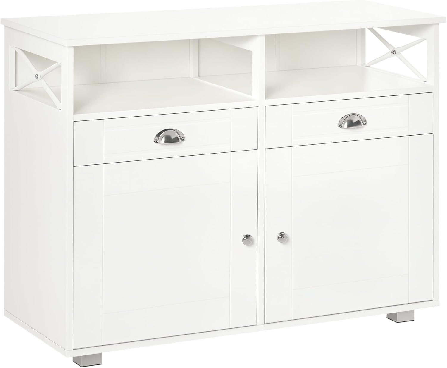 HOMCOM Sideboard Buffet, Coffee Bar, Kitchen Cabinet with Storage Drawers, Large Tabletop and Crossbar Side Design, White
