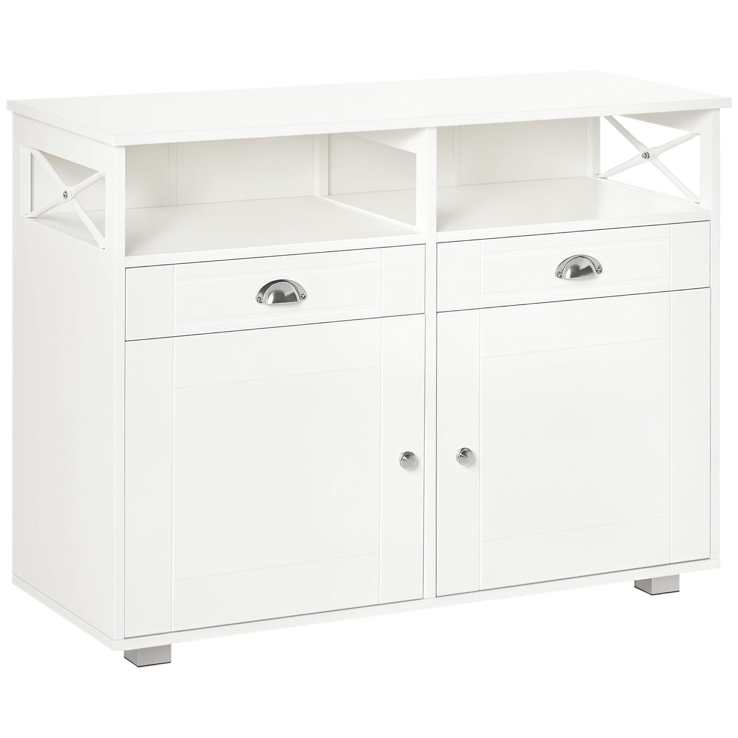 HOMCOM Sideboard Buffet, Coffee Bar, Kitchen Cabinet with Storage Drawers, Large Tabletop and Crossbar Side Design, White