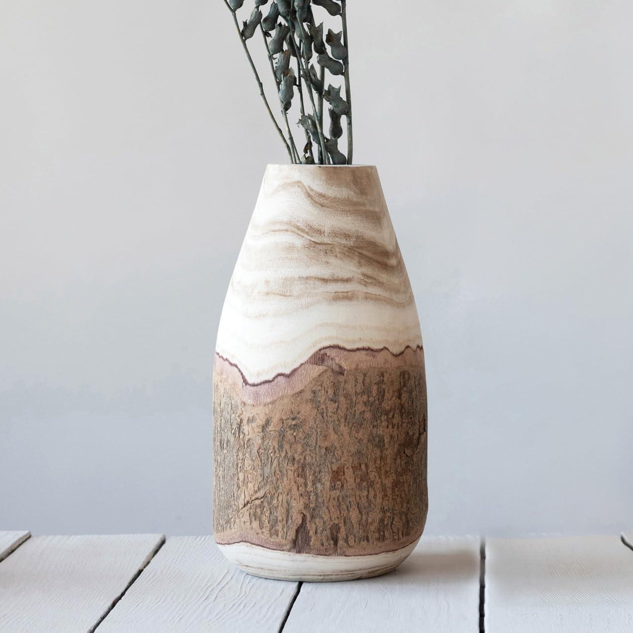 Creative Co-Op 13"H Carved Paulownia Wood Vase with Live Edge (Each one will vary)