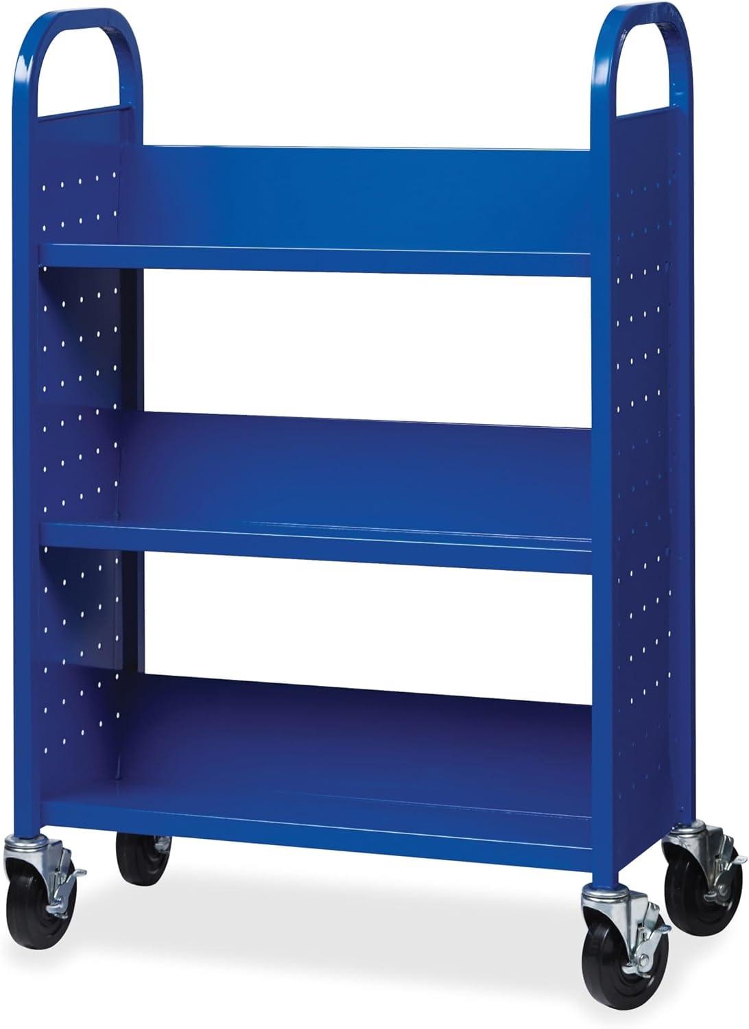 Blue Single-Sided Steel Book Cart with Three Shelves