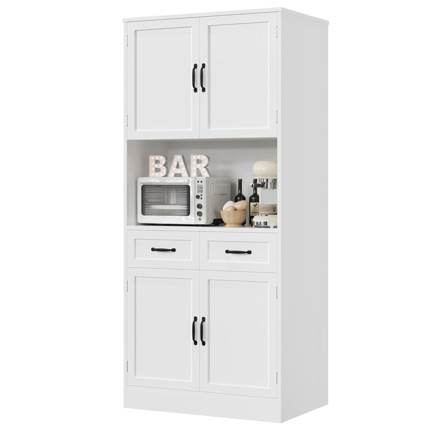 Hokku Designs 71“ Tall Kitchen Pantry Storage Cabinet, Modern Kitchen Hutch Bar Cabinet With Microwave Stand, White