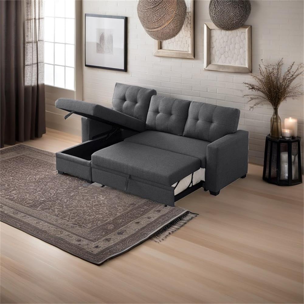 Devion Furniture Polyester Fabric Reversible Sleeper Sectional Sofa in Dark Gray