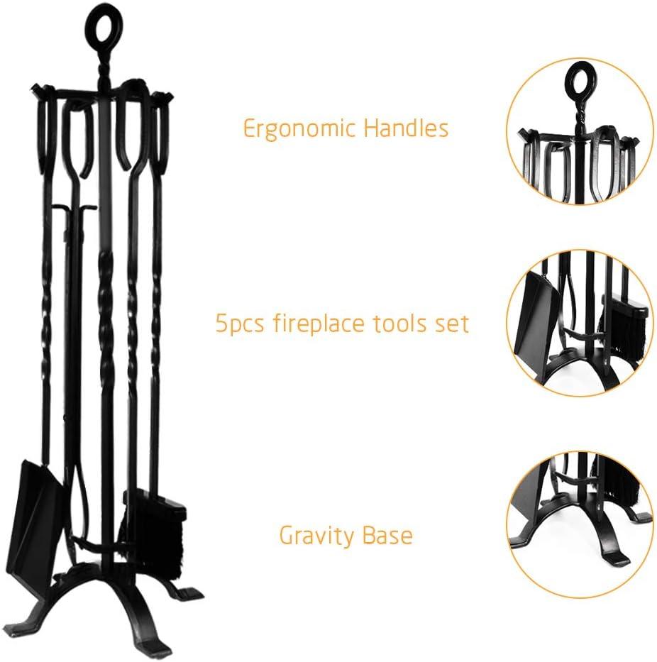 Amagabeli 5 Pieces Fireplace Tools Set Indoor Wrought Iron Fire Set Fire Place Pit Large Poker Wood Stove Log Firewood Tongs Holder Tools Kit Sets with Handles Modern Black Outdoor Accessories Kit