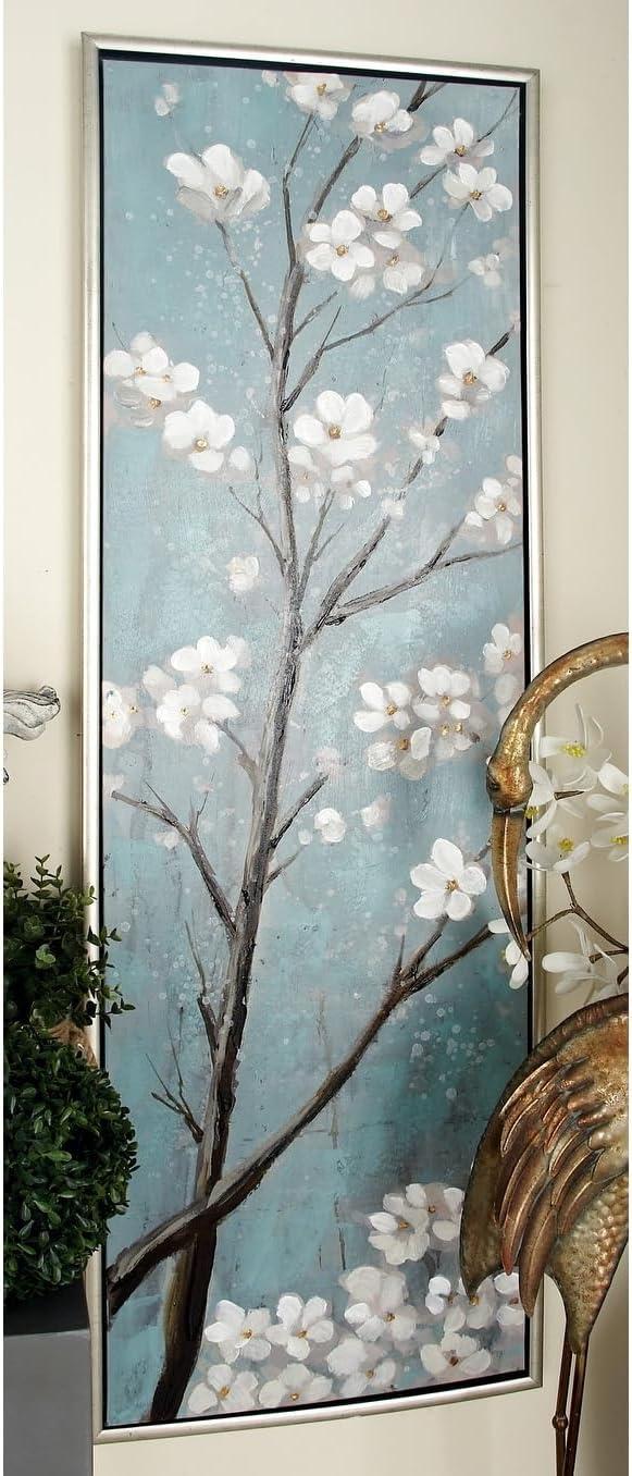 Teal and White Cherry Blossom Canvas Wall Art Set with Silver Frame