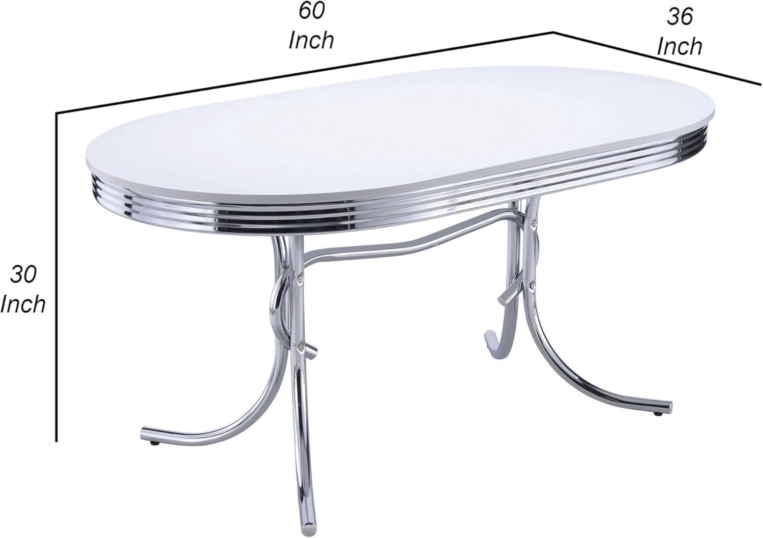 Maykoosh Lakeside Living 60 Inch Oval Dining Table, Glossy White Wood Top, Ribbed Chrome Apron