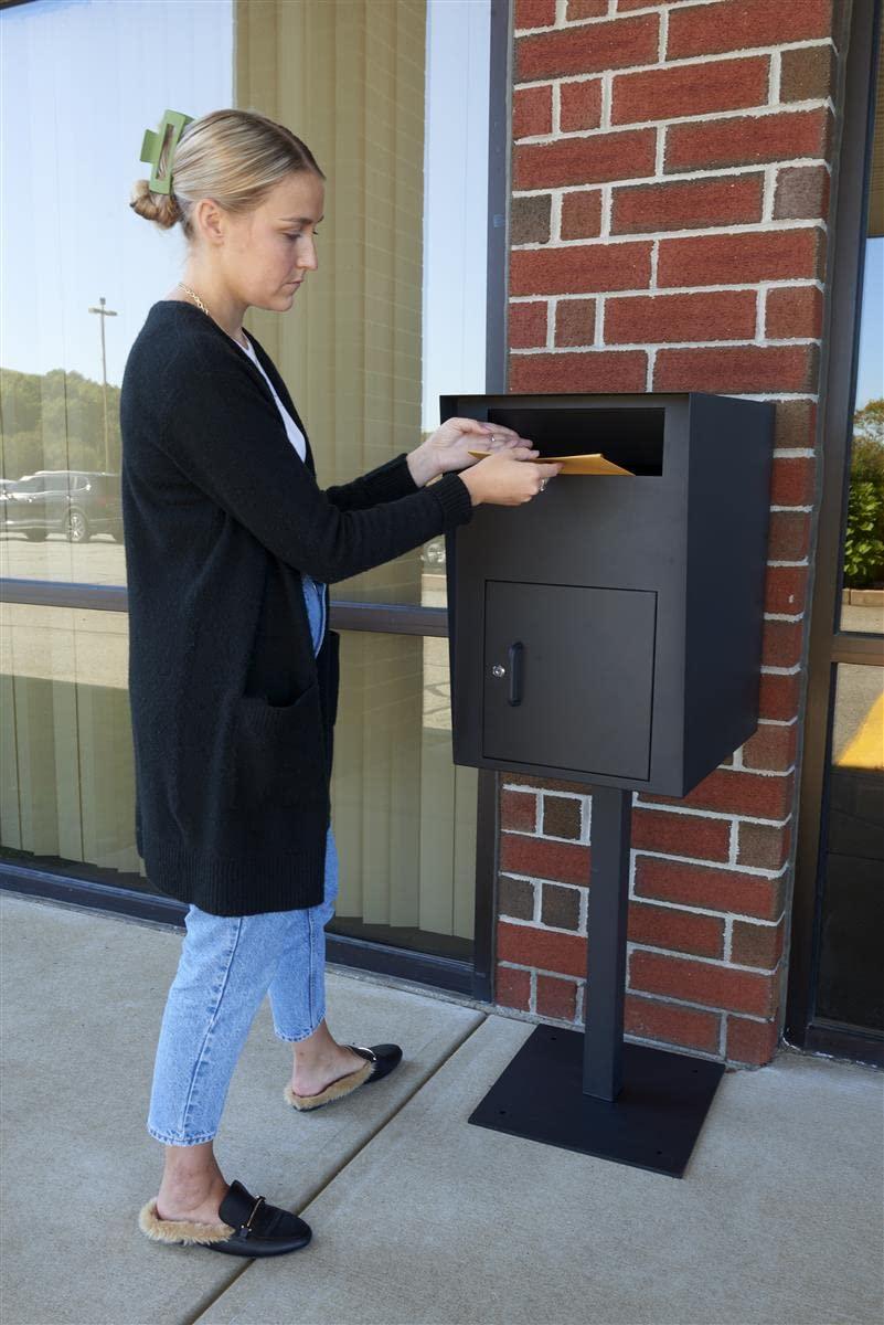 Displays2go 16 w x 52 h Outdoor Pedestal Drop Box w/ Permanent Mounting and Steel Build - Black (FDHDBBP1)