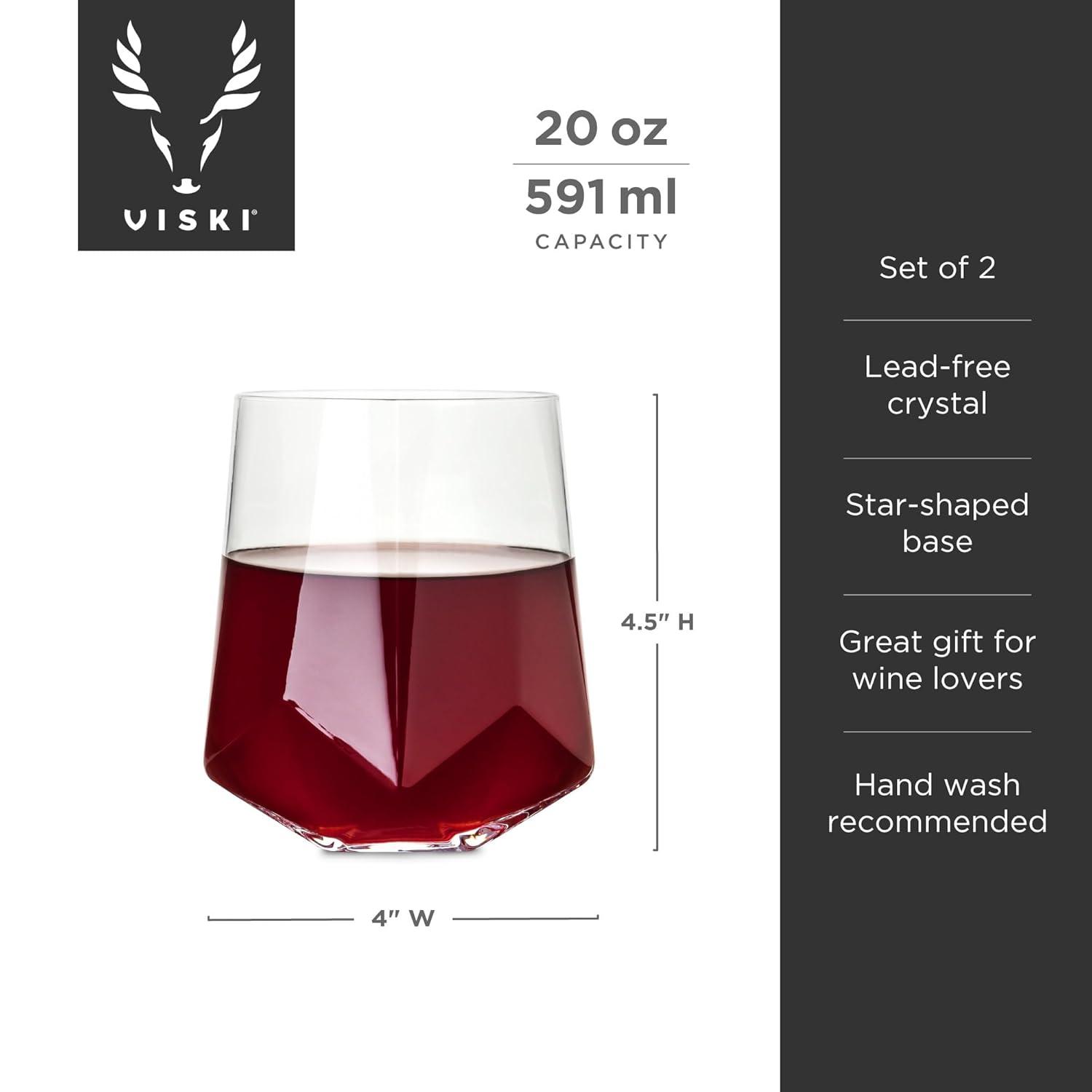 Viski Raye Faceted Crystal Wine Glasses Set of 2 - Premium Crystal Clear Glass, Modern Stemless, Wine Glass Gift Set, 20 oz