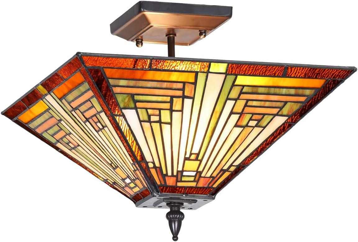Chloe Lighting Innes Tiffany-Style 2 Light Mission Semi-Flush Ceiling Fixture 14" Shade