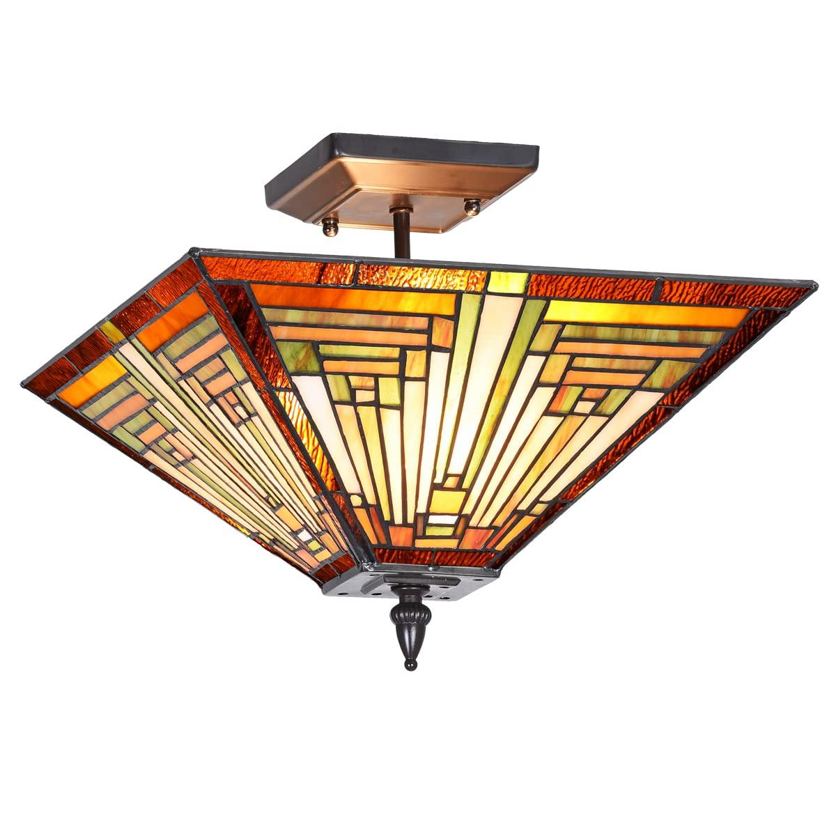 Chloe Lighting Innes Tiffany-Style 2 Light Mission Semi-Flush Ceiling Fixture 14" Shade