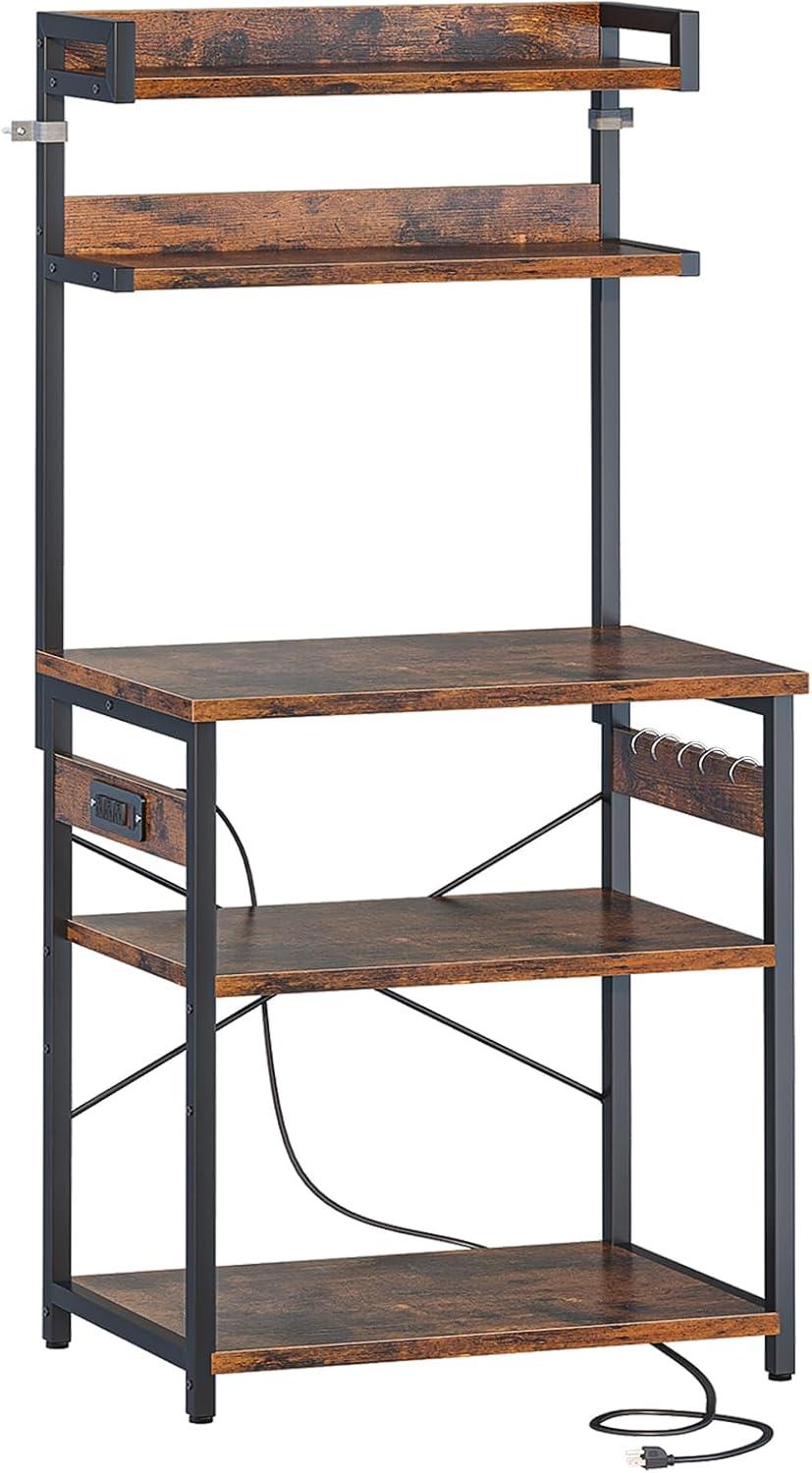 Rustic Brown 5-Tier Kitchen Rack with Built-in Power Outlet