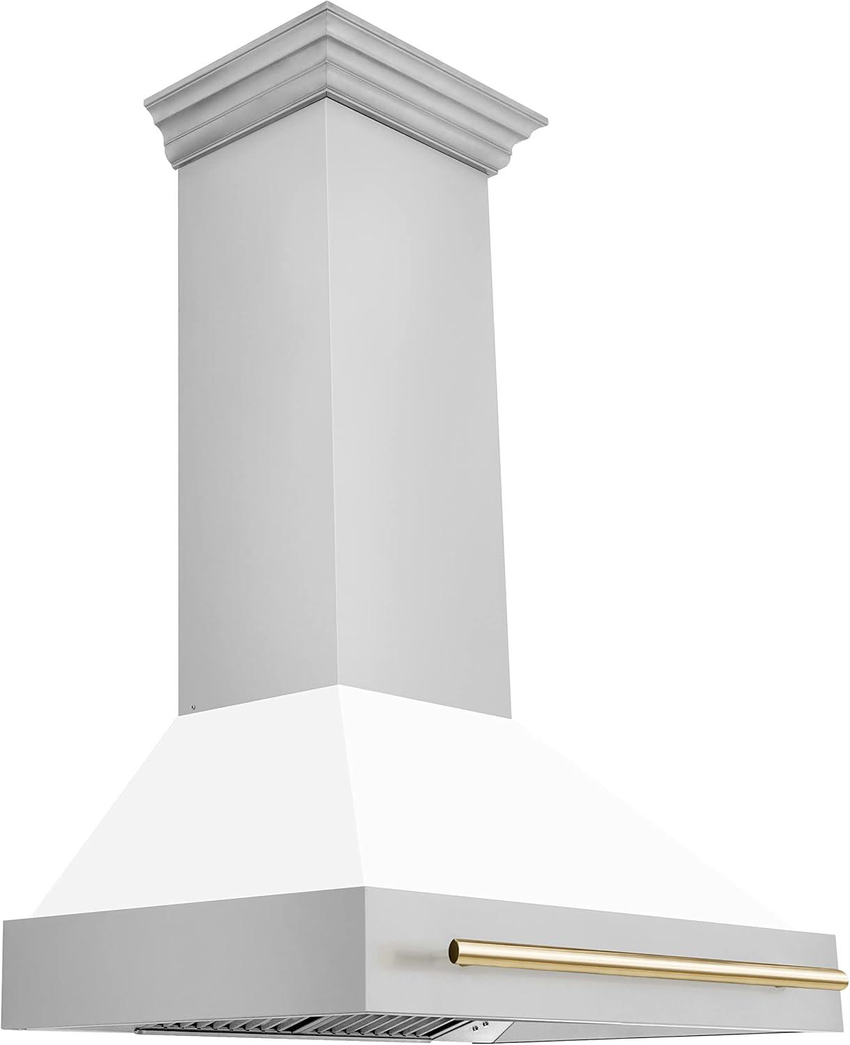 ZLINE Autograph Edition 36 in. Stainless Steel Range Hood W/ White Matte Shell & Champagne Bronze Handle