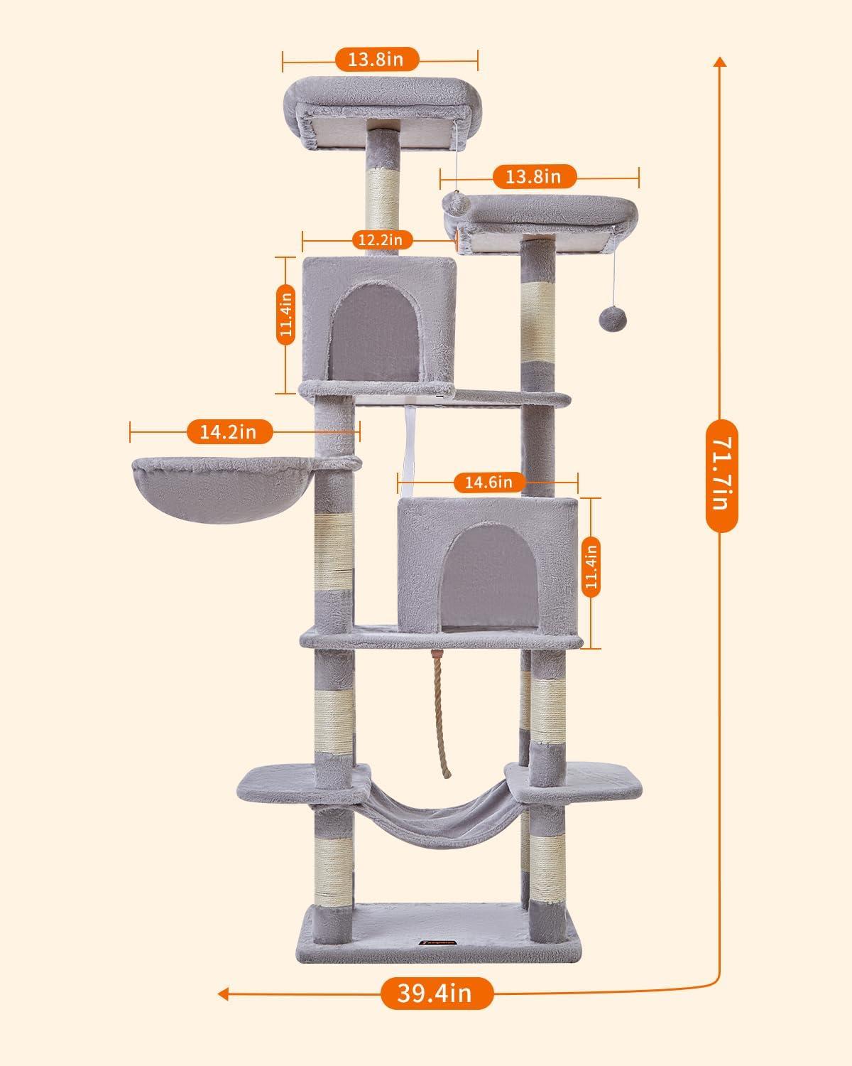 71" Indoor Tall Large Cat Tree Multi-Level Cat House With 2 Big Condo Pad Bed, Cozy Hammock And Scratching Posts