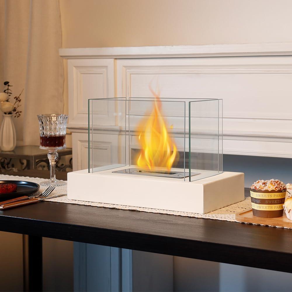 13.5" White Glass and Steel Portable Tabletop Fireplace