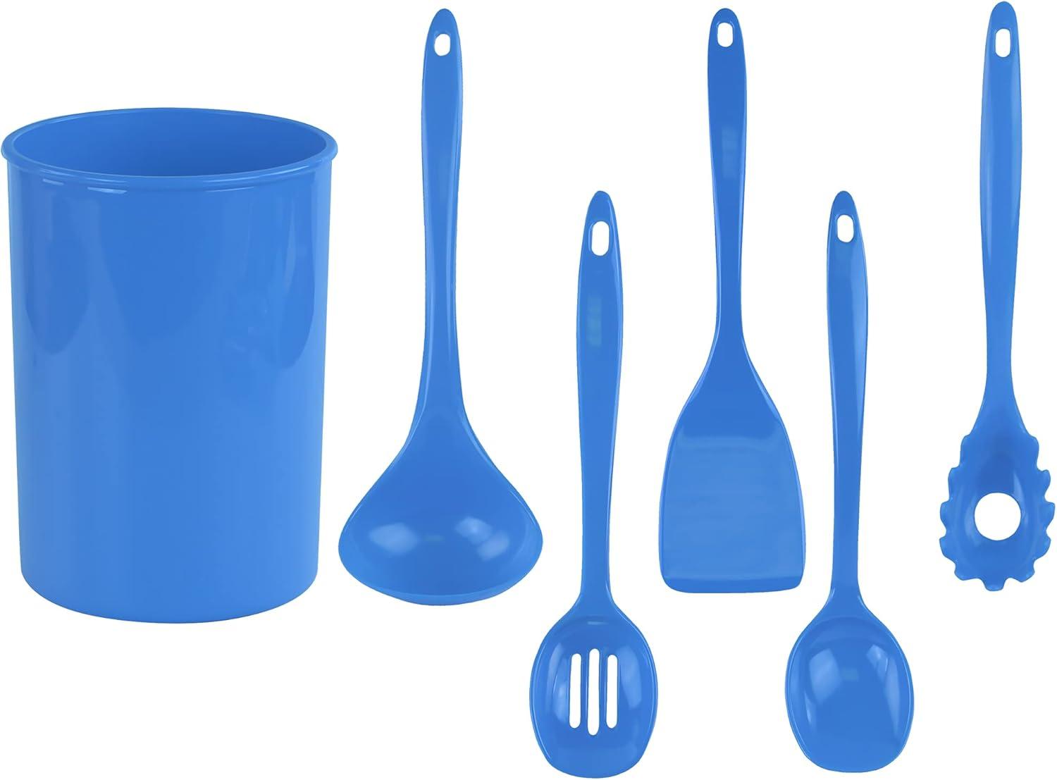 Reston Lloyd 6 Piece Kitchen Utensil Holder for kitchen counter, Utensils crock with Heat Resistant Spoon, Slotted Spoon, Ladle, Spatula BPA Free, Azure