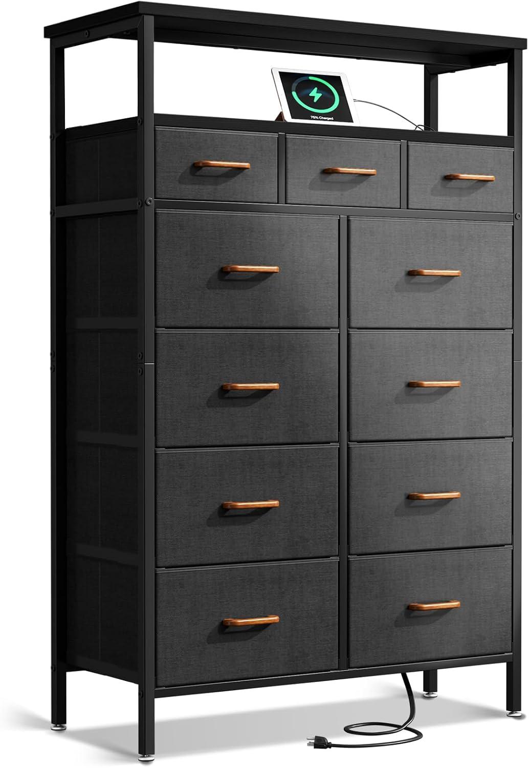 Tall Black and Dark Grey Dresser with Charging Station and 11 Drawers