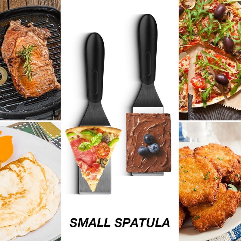 2 Pieces Small Spatula Set, Stainless Steel Mini Serving Spatula for Kitchen Use, Flipping or Cooking for Brownie, Cookie, Lasagna, Pancakes & Cake(Black+Silver)