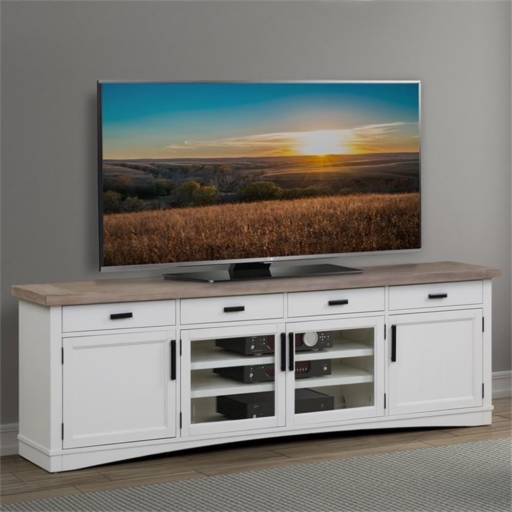 White and Beige 92" Transitional Wood TV Console